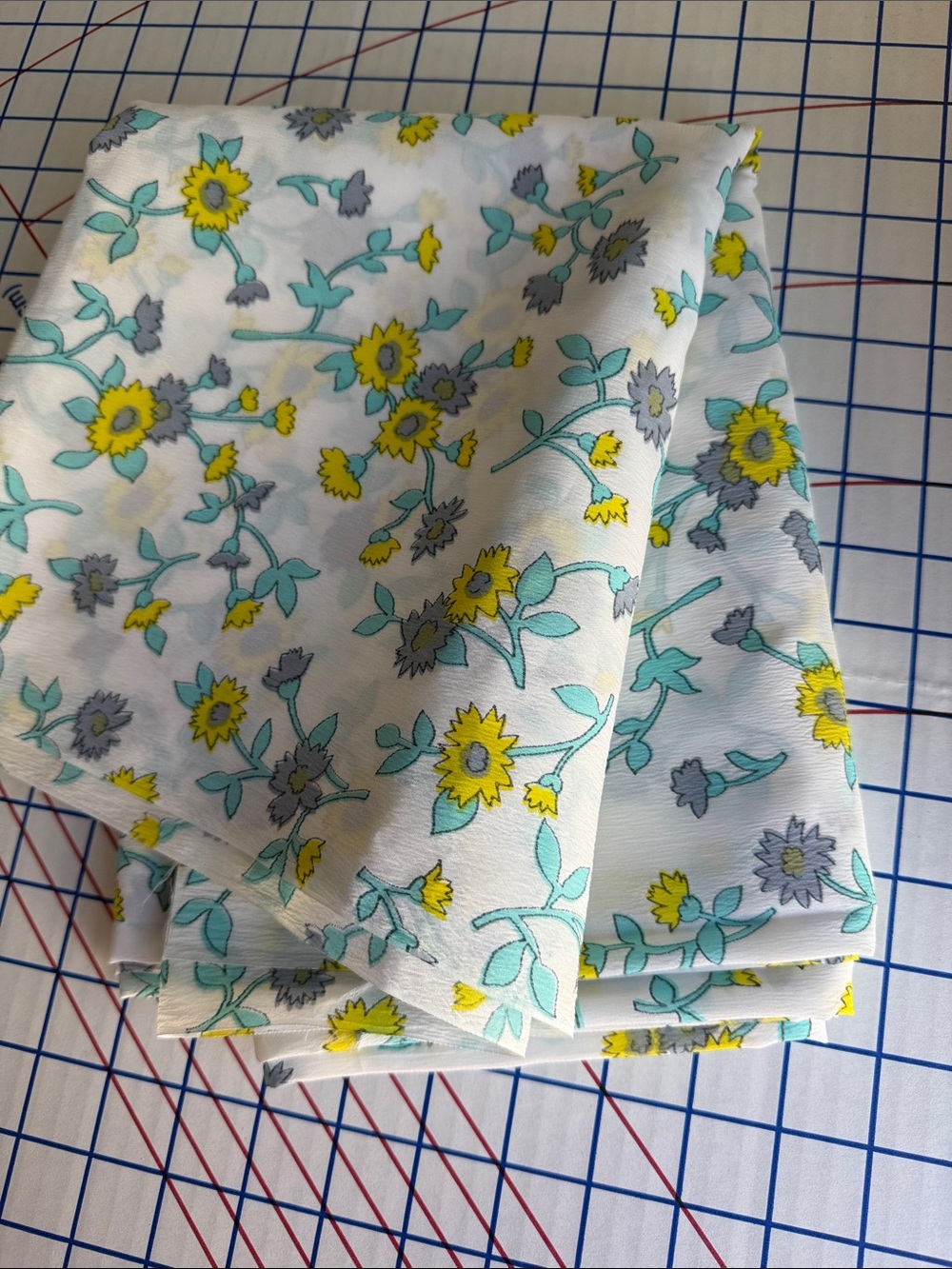 Vintage 1950s 60s Floral Crepe Fabric 3 1/4 Yards x 44” Yellow Turquoise Gray